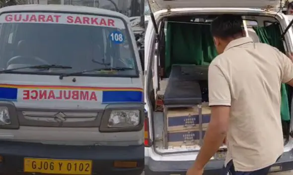 Chhota Udepur: પાવી-જેતપુરમાં એમ્બ્યુલન્સમાં દારૂની હેરાફેરીનો પર્દાફાશ, સ્ટ્રેચરના ભાગે બનાવેલા ચોરખાનામાં સંતાડેલી 928 બોટલો પકડાઈ