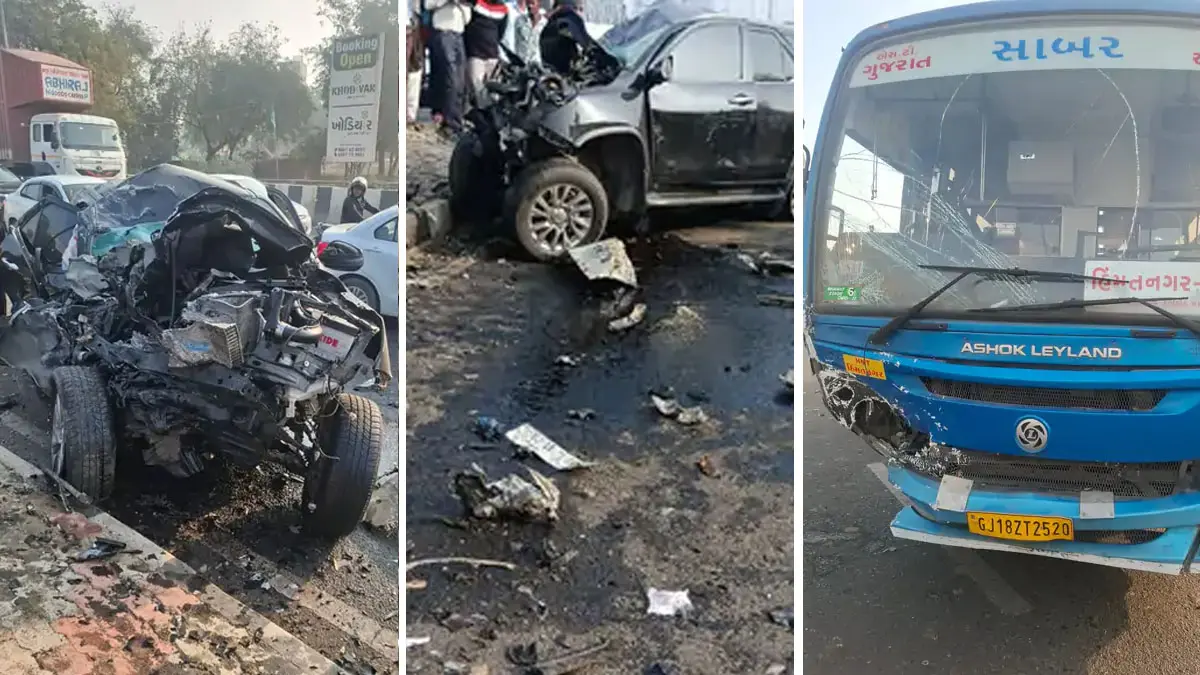અમદાવાદમાં વૈષ્ણોદેવી સર્કલ પાસે અકસ્માતઃ ડિવાઇડર કૂદી ફોર્ચ્યુનર કાર એસટી બસ સાથે અથડાઇ, યુવકનું મોત