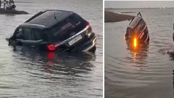 rajkot-nyari-dam-car-plunges-during-stunt-for-social-reel
