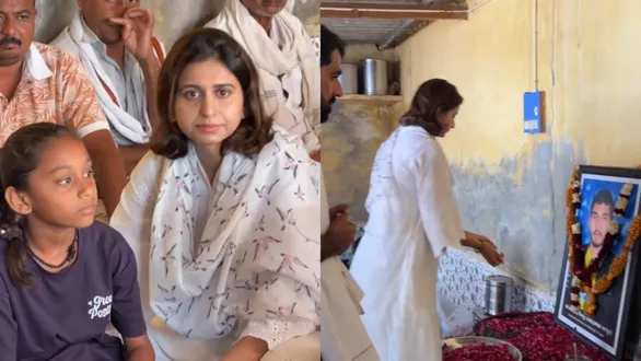 kinjal-dave-visits-gujju-love-guru-chandan-rathod-home-offers-condolences-and-urges-youth-on-road-safety