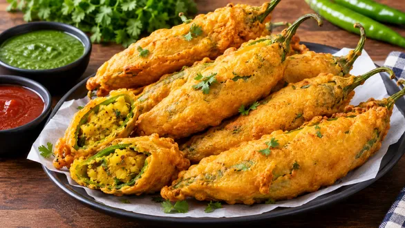 crispy-bharela-marcha-na-bhajiya-without-soda-stuffed-mirchi-pakora-recipe