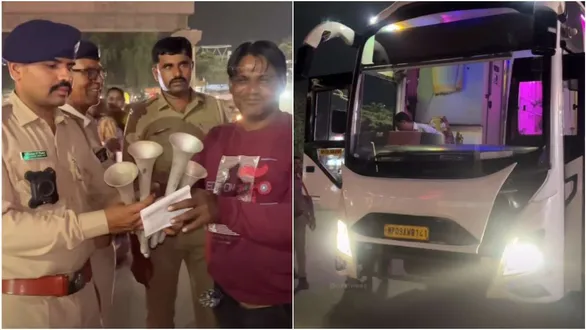 surat-traffic-police-action-40-luxury-buses-air-horns-fined-40000